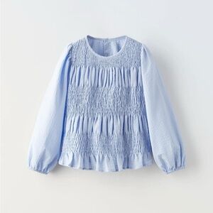 Zara Baby Girl Seersucker Long Sleeve Smocked Light Blue Top Size 9-12m